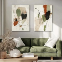 Set Bundel 2 Buah, Cetakan Seni Dinding Abstrak Hijau Zaitun Coklat Hitam di Kanvas Berbingkai Modern Minimalis Warna & Bentuk Bernuansa Bumi