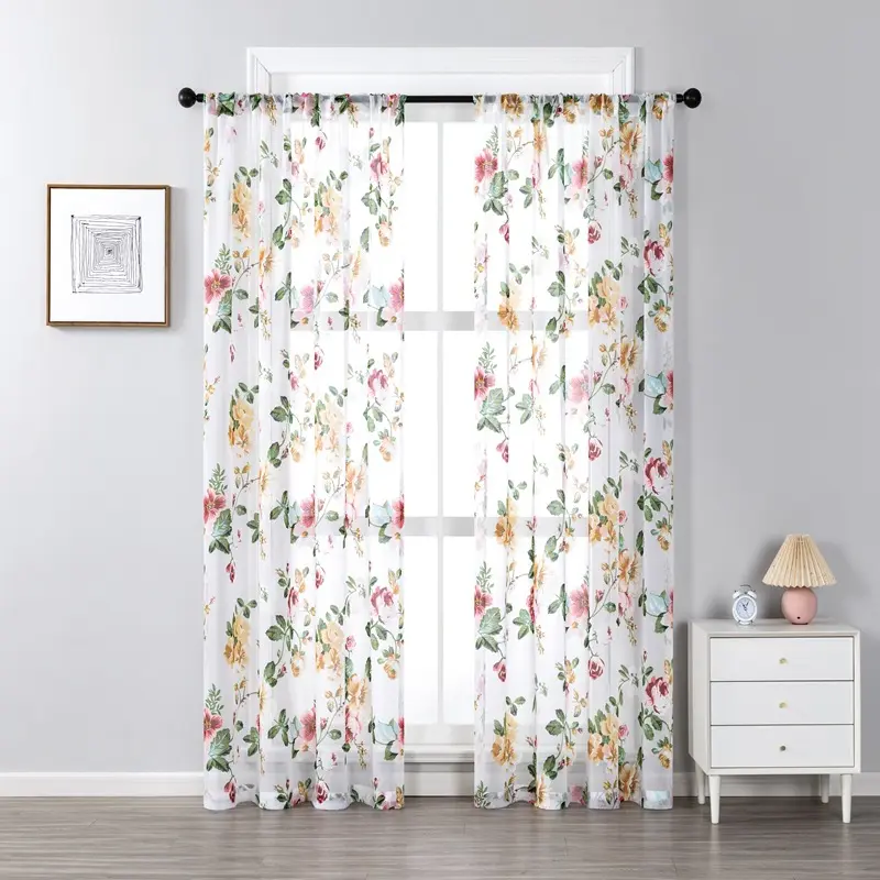 Wholesale Colored Floral Flower Voile Sheer Printed Window Curtains Drapes For The Living Room