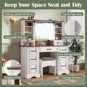 Festival de Compras de Marzo: Tocador de <span class=keywords><strong>Maquillaje</strong></span> Estilo Rústico de 47.2 Pulgadas, Mesa de <span class=keywords><strong>Maquillaje</strong></span> <span class=keywords><strong>con</strong></span> <span class=keywords><strong>Espejo</strong></span> LED Deslizante, Almacenamiento y Taburete - Product Image 4