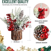 Rangkaian Bunga Natal Buatan dengan Pot Kayu, Buah Pinus Bersalju, dan Buah Berry, Hiasan Meja Natal untuk Dekorasi Rumah