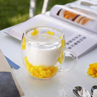 Tasse à fleurs en verre borosilicate à double paroi, style classique, 250/350 ml, design fleurs séchées, avec poignée, réutilisable, passe au lave-vaisselle