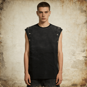 เสื้อยืดแขนกุดสไตล์ฮิปฮอปวินเทจสำหรับผู้ชาย ตกแต่งด้วยกระดุมแบบกำหนดเอง ผ้าฝ้าย 100% น้ำหนัก 240 กรัม ผ่านกระบวนการฟอกสีแบบแอซิดวอช ทรงโอเวอร์ไซส์ ระบายอากาศได้ดี - Product Image 1