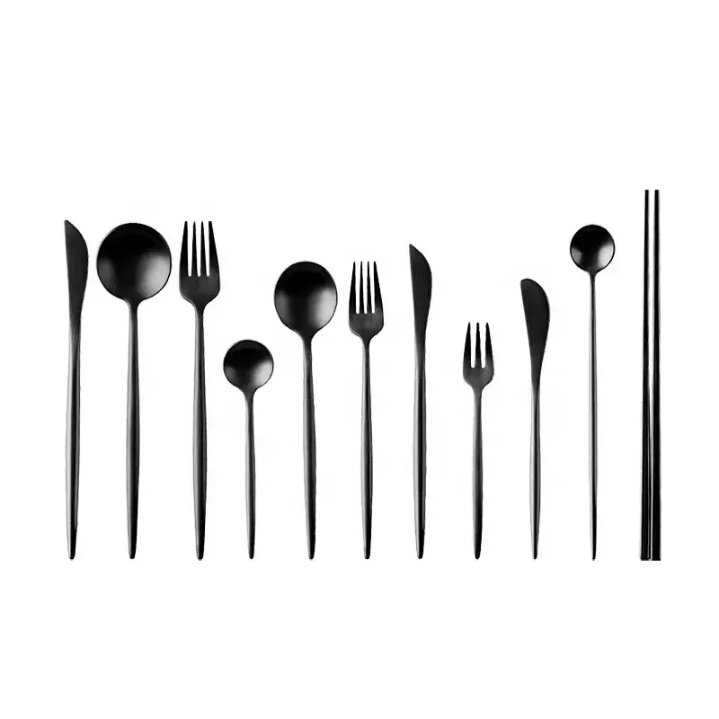 Luxury Matte Black Stainless Steel Flatware Set Kitchen Silverware Steak Knife Spoon Fork Chopsticks Cutlery Set