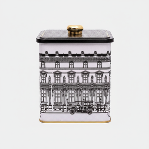 Kontensan ER0232J 1.8L <b>Vintage</b> Cityscapes Illustration Metal Square <b>Box</b> with Knob Handle 120x120x137 mm Turkey - Product Image 2