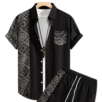 Conjunto de Dos Piezas para Hombre, Estilo Vintage, Tejido, Cuello Redondo, Estampado Digital, Transpirable, para Verano |   Ligero de Secado Rápido 100% Azul