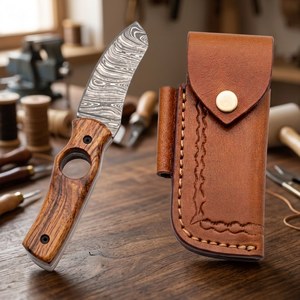 Couteau à lame fixe en acier de Damas avec manche en bois et étui en cuir, lame de qualité supérieure pour couper les cigares, idéal pour l'extérieur - Product Image 6