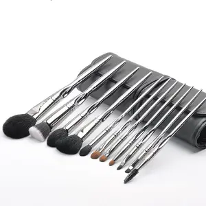 YDINI Factory Direct 11 Stück Synthetisches Haar Aluminium Ferrule Kunststoff griff In Shinny Silver Makeup Brushes Set Kostenlose Probe