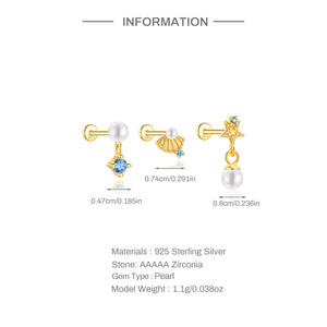 Boucles d'oreilles en argent sterling S925 avec zircon géométrique, coquillage, étoile de mer et perle - Product Image 6