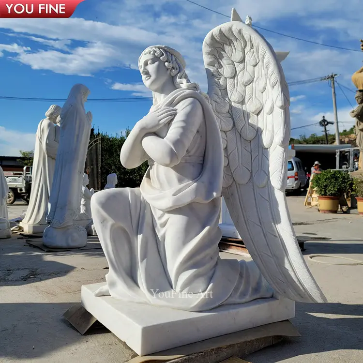 Pietra tombale della statua inginocchiata di angelo delle donne di marmo bianco del granito di scultura di pietra di stile europeo