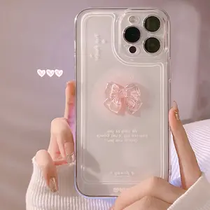 Funda japonesa coreana con lazo de cristal 3D y corazón de amor para iPhone14 Pro 13 12 Mini 11 Max X XS XR 7 8 2023, funda transparente suave a prueba de golpes