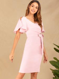 Lancai 사용자 정의 2021 우아한 캐주얼 여름 패션 짧은 Bodycon 핑크 원피스 사무실 원피스 여성용 - Product Image 4