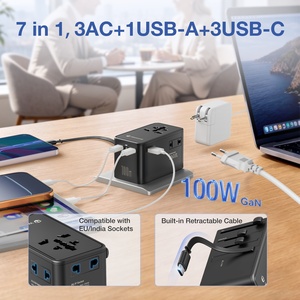 Wontravel Multifunctional 100W <b>Cable</b> Fast <b>Charge</b> 7 in 1 Universal Travel Adapter with 3AC Sockets - Product Image 3