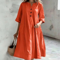 Robe mi-longue décontractée en coton et lin à col en V et demi-manches, style basique, trois boutons, pour femme, transfrontalière Europe-Amérique