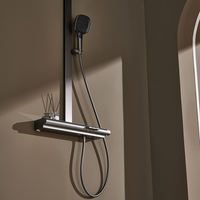 Système de douche thermostatique coulissant apparent avec mitigeur, finition brossée, pommeau de douche pluie en céramique avec jets de massage et grande étagère, pour usage hôtelier
