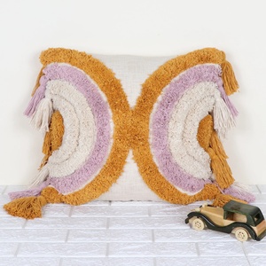 Funda de Cojín Bordada con Textura Boho, Color Marfil y Amarillo, con Flecos, 100% Algodón, Borde Cuadrado, Decoración para el Hogar, Precio al por Mayor - Product Image 1