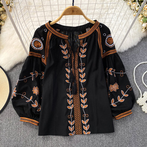 Primavera autunno stile etnico retrò manica lunga girocollo ampio Pullover ricamato in cotone canapa camicia Casual da <span class=keywords><strong>donna</strong></span> - Product Image 5