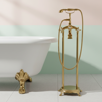 BUTERFLEOGE Robinet de douche sur pied classique pour hôtel, à double poignée, avec pommeau de douche carré effet pluie, finition laiton antique poli