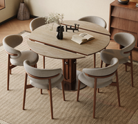 Table à manger extensible avec plateau en pierre frittée et base en bois massif, style moderne vintage