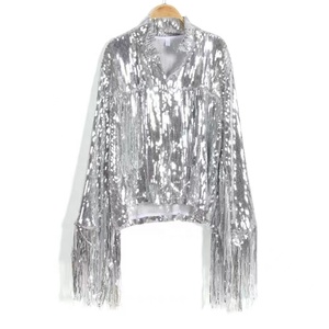 2024 frange Sequin Stand-up Streetwear Rock Bf Vintage à manches longues argent réfléchissant manteau femmes veste hauts - Product Image 2