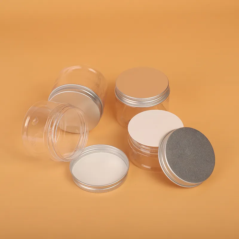 Personalização spot 100ml 200ml 8oz 300ml 12oz 500ml boca larga clara recipientes cosméticos pet jar plástico com tampa de alumínio