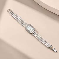 Montre-bracelet vintage en argent avec perles et strass, cadran rectangulaire, pour femme, élégante, mode, OEM ODM