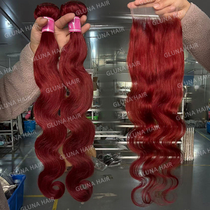 Bán Buôn #33 Màu Đỏ Màu Nâu Cơ Thể Sóng Tóc Con Người Bó Lớp Biểu Bì Phù Hợp Nguyên Liệu Tóc Trinh Nữ Miến Điện Bó Xoăn Với Phía Trước - Product Image 1