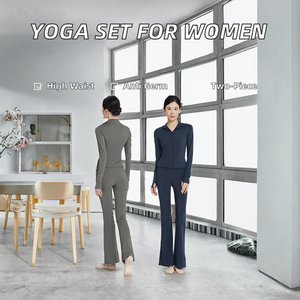 Women Yoga Set Full Zip Jacket <b>Flare</b> <b>Leggings</b> Activewear Fitness Outfit - Product Image 2