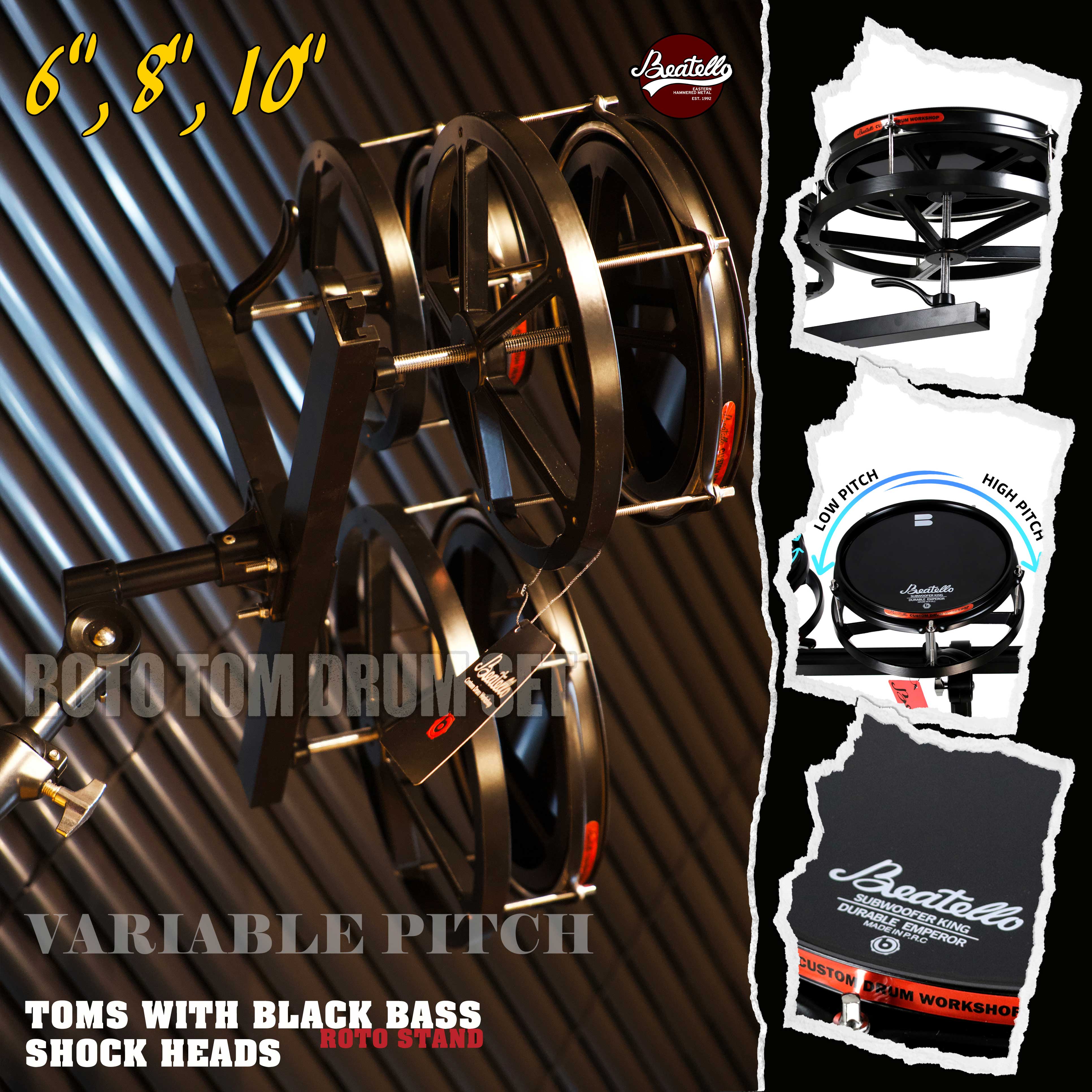 JBK Roto 3ピース トム ドラムセット 6'' 8'' 10'' パーカッション楽器