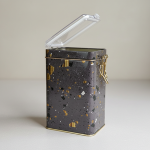 Kontensan ER0438G Terrazzo Brown 75x100x150mm Metal Storage Tin with <b>Wire</b> Clasp and Transparent Lid for <b>Craft</b> Supplies - Product Image 2