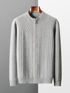 เสื้อสเวตเตอร์ถักมีซิปสำหรับผู้ชาย, เสื้อสเวตเตอร์มีซิปหนาครึ่งความสูงเสื้อแจ็คเก็ตสีพื้นเสื้อสเวตเตอร์ถักด้านหน้าสำหรับฤดูใบไม้ร่วงฤดูหนาว - Product Image 6