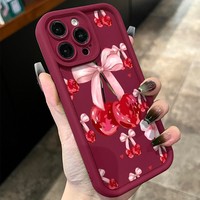 Coque de téléphone portable tendance avec nœud cerise pour iPhone 16 15 17 18 Pro Max 14 13, couleur bonbon, givrée, antichoc, protection arrière
