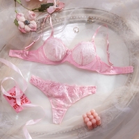 Set Lingerie Wanita Berkualitas Tinggi untuk Musim Panas, Seksi, dengan Kawat Penyangga dan Push-Up, Motif Bunga Pink, Bordir Renda, Bra dan Celana Dalam G-String, Bahan Bernapas