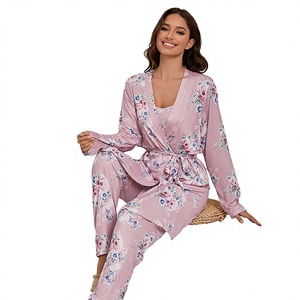 Cross-border Special Women's Polyester Floral V-Neck Pajamas Nightgown Sling Pants Three-piece Set Autumn Home Clothes
