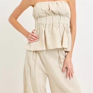 Nouvel ensemble tendance en lin sans dos, crop top et pantalon, pour femme, décontracté, respirant, en lin uni - Product Image 2