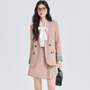 Women's Gray Suit Set Solid Color Wool Blend Work Professional Spring Casual Suit Jacket And Skirt - Product Image 4