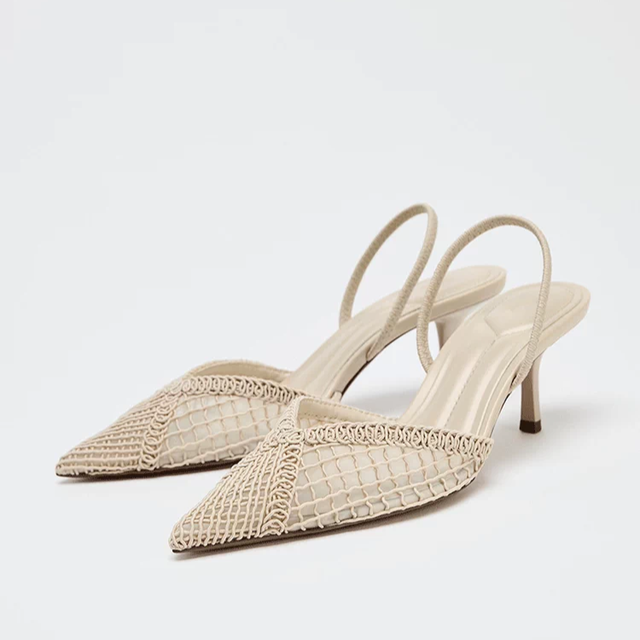 ZA Women's 2026 Summer Beige Sandals Mesh Pointed Toe Heels Back Strap Party Office Casual Dress Elegant Comfortable Pumps