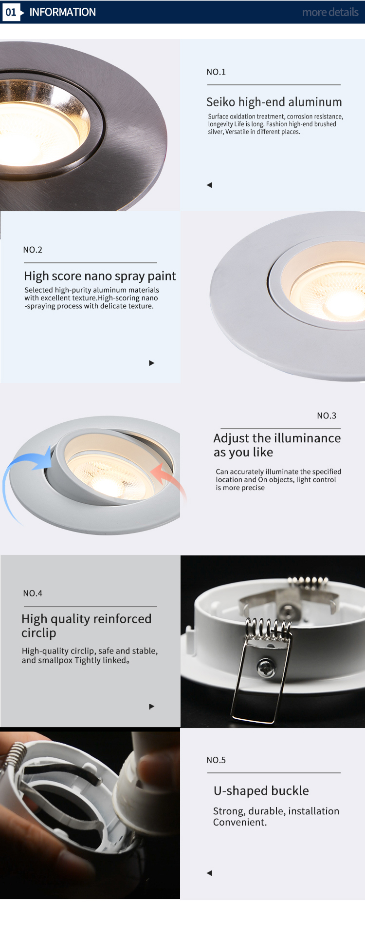 Die Cast Aluminum Recessed Downlights 74mm Cutting AC 220-240 Volt
