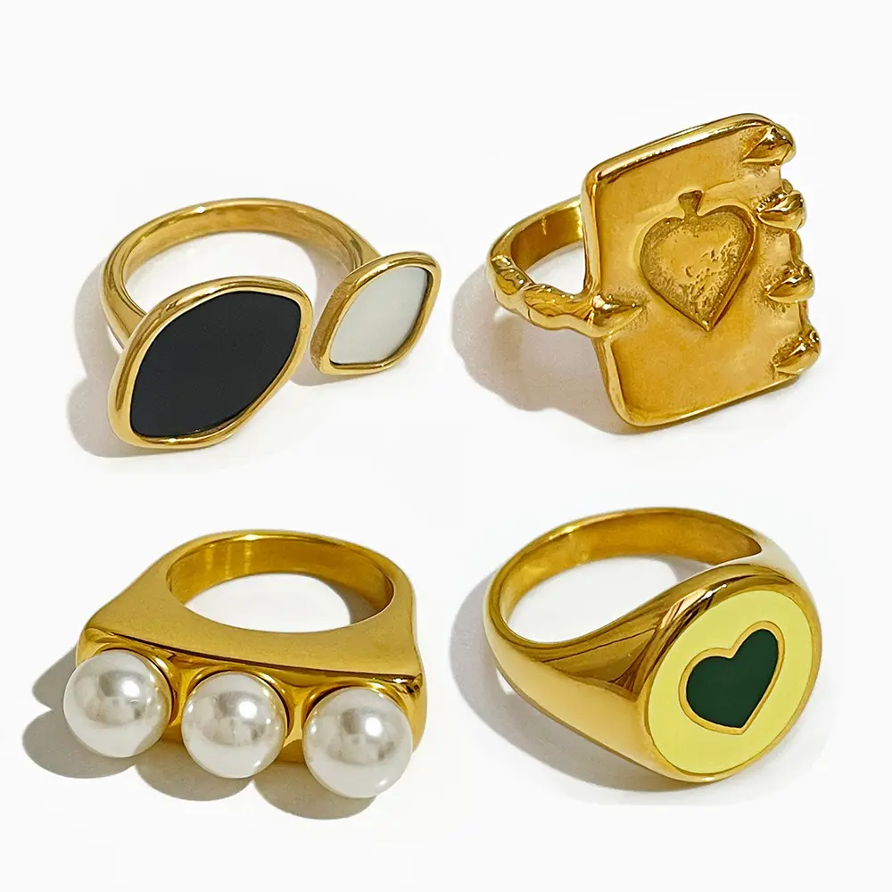Anéis elegantes de pérolas, anéis elegantes de aço inoxidável, verde, pêssego, esmalte natural com concha branca