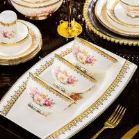 Service de vaisselle en porcelaine Royal Rose de Jingdezhen, motif floral, bord doré, compatible lave-vaisselle/micro-ondes/four, pour la maison et les banquets de sushis