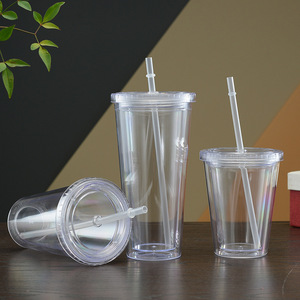 Zhen Ai Double Walled Plastic Straw <b>Cup</b> 16oz <b>Reusable</b> Transparent <b>Lid</b> Travel Water <b>Cup</b> - Product Image 2