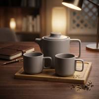 Service à thé minimaliste en céramique blanche, théière et 2 tasses, plateau en bambou, style zen, logo personnalisé, durable, pour la maison, l'hôtel, le bureau, vente en gros, cadeau