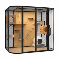 Villa pour chat d'intérieur de luxe en verre, structure en bois massif et fer, Catio moderne avec griffoir pour maison multi-chats
