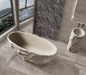 Moderna <span class=keywords><strong>Bañera</strong></span> Ovalada Independiente de Piedra Artificial con Superficie Inferior Antideslizante para Baño en Apartamentos Pequeños - Product Image 1