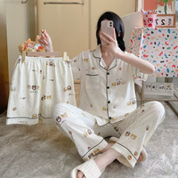 Ensemble de pyjama élégant trois pièces pour femme, col rabattu, imprimé animal et lettres, taille élastique, 100 % coton, printemps/été/automne