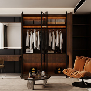 Armoire de chambre à coucher de style vintage avec porte en verre, en bois de noyer, du sol au plafond, grande capacité, personnalisation complète de la maison - Product Image 1