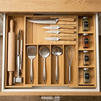 Boîte de rangement extensible pour ustensiles de cuisine en bambou GL avec porte-couteau Boîte de rangement pour couteaux en bambou