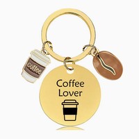 Porte-clés en acier inoxydable 201 pour les amateurs de café avec icône tasse à café, pendentif pour sac à dos et voiture, cadeau