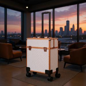 Maleta de maquillaje tipo Water Cube con ruedas giratorias, superficie de lona tejida en blanco y oro rosa, con cerradura, para almacenamiento de herramientas de belleza. - Product Image 1