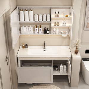 Meuble de salle de bain en bois massif de chêne peint, avec lavabo intégré en céramique, combinaison meuble-lavabo - Product Image 4