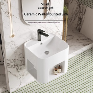 Lavabo mural monobloc moderne de petite taille pour salle de bain d'appartement, idéal pour les petits espaces, appartements, gîtes et hôtels - Product Image 1